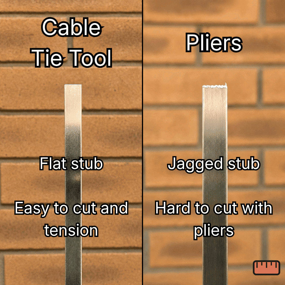 Cutter vs pliers: a flat stub against a jagged one. Easy to cut and tension with the tool, hard to cut by hand.